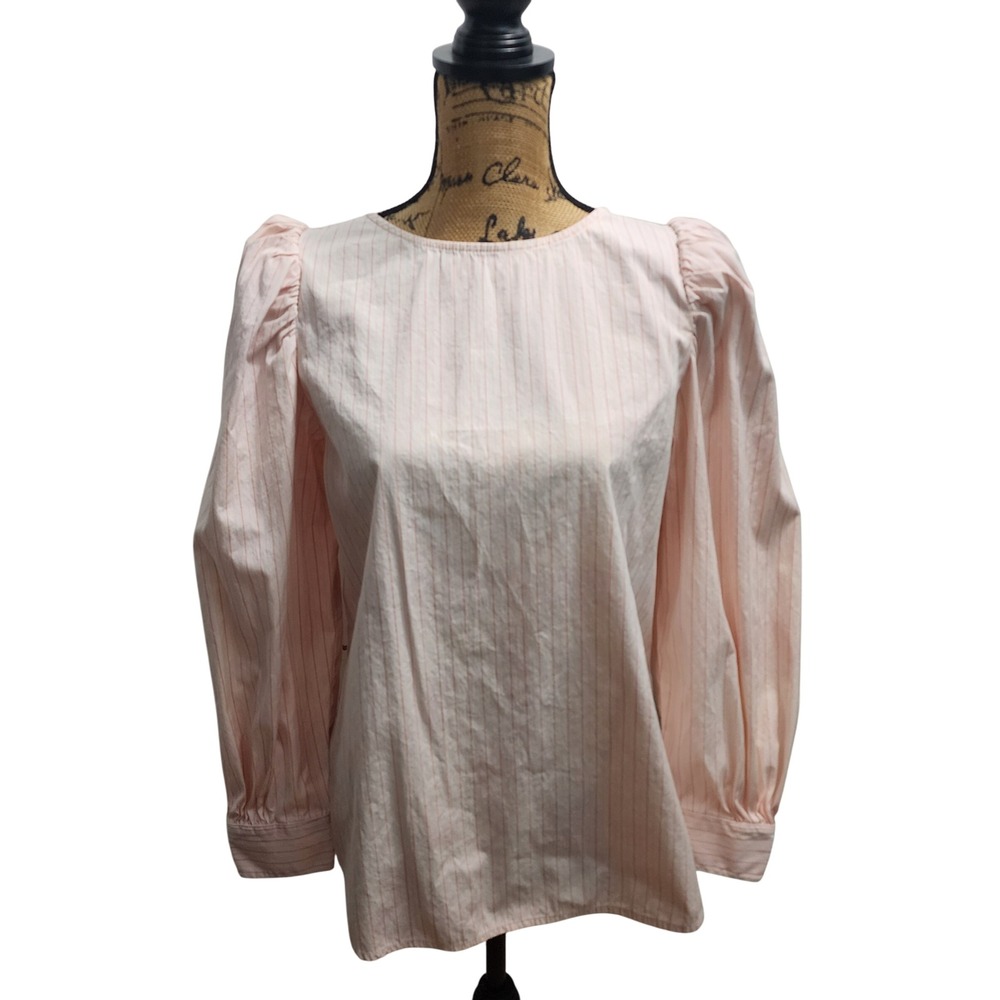 Treasure & Bond Striped Puff Sleeve Button Back Blouse Womens Medium Pink White